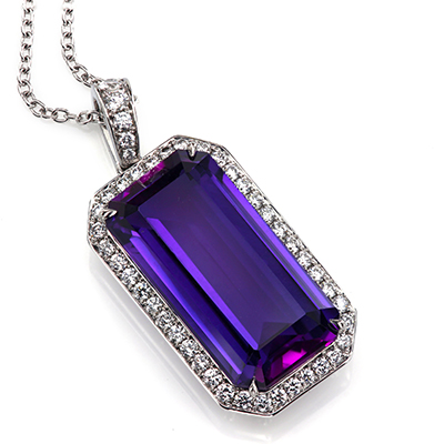 Handmade halo pendant featuring emerald cut amethyst by Leon Megep7262