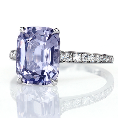 Cushion Capri spinel in a delicate engagement ring with diamonds by Leon Mege r6241
