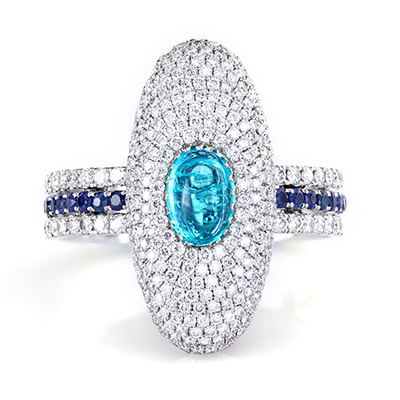 Brazilian Paraiba cab in a micro pave ring with blue sapphires on a triple string shank by Leon Mege r7777